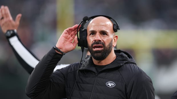 Dec 24, 2023; East Rutherford, New Jersey, USA; New York Jets head coach Robert Saleh reacts during the second half against the Washington Commanders at MetLife Stadium.